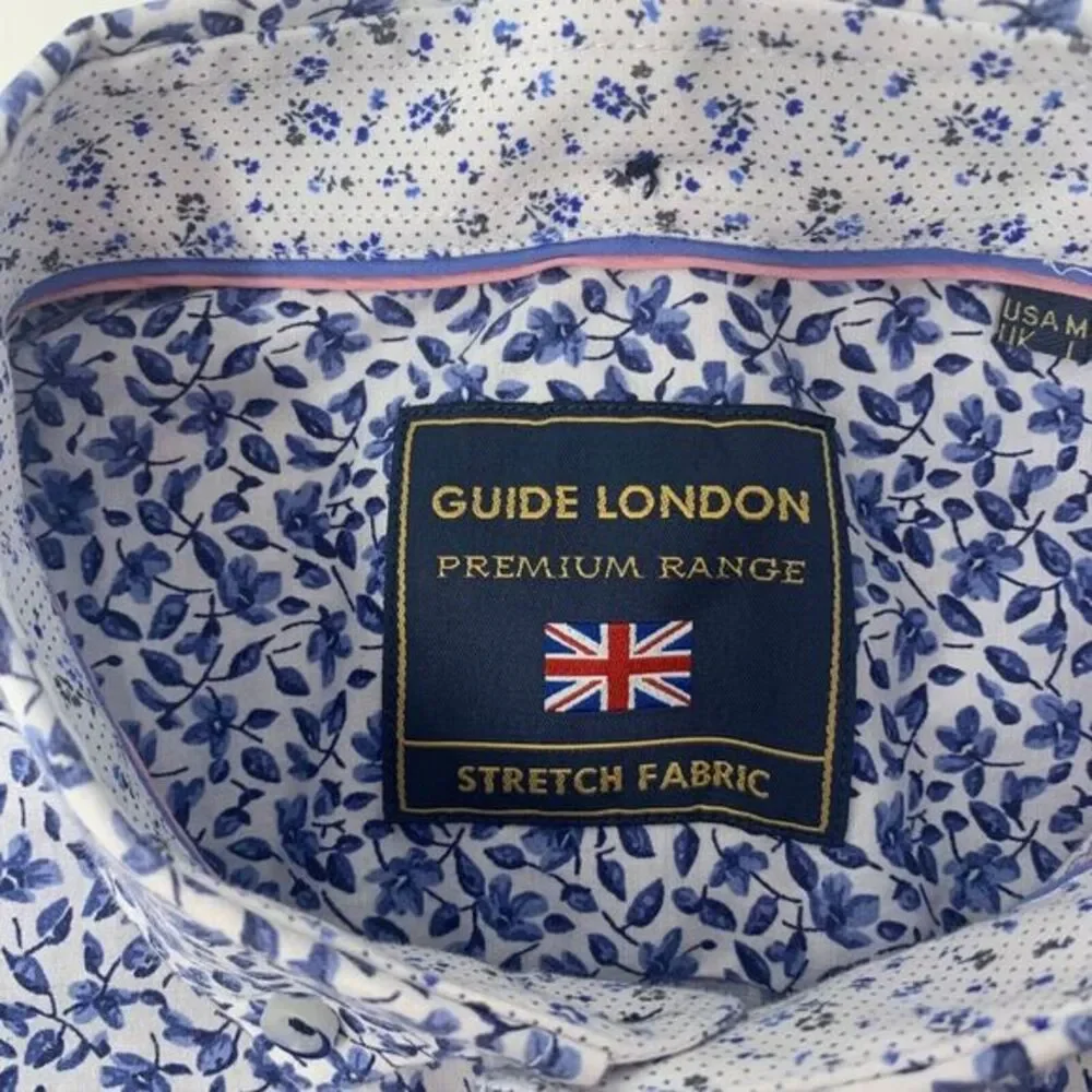 Guide London Premium Men's Shirt Short Sleeve White & Blue Floral Print Size Med